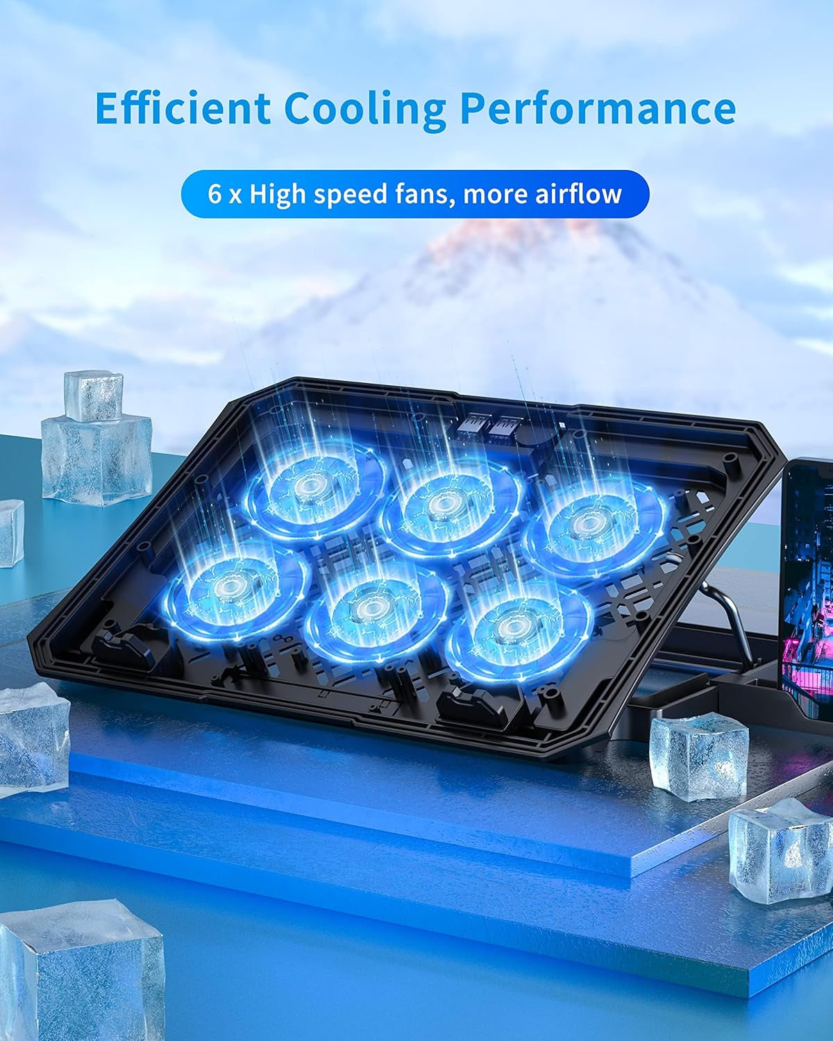 Laptop Cooling Pad for 12-15.6 Inch, 6 Cooler Fans with Blue Lights, Laptop Cooling Stand with 2 USB Ports (Blue)