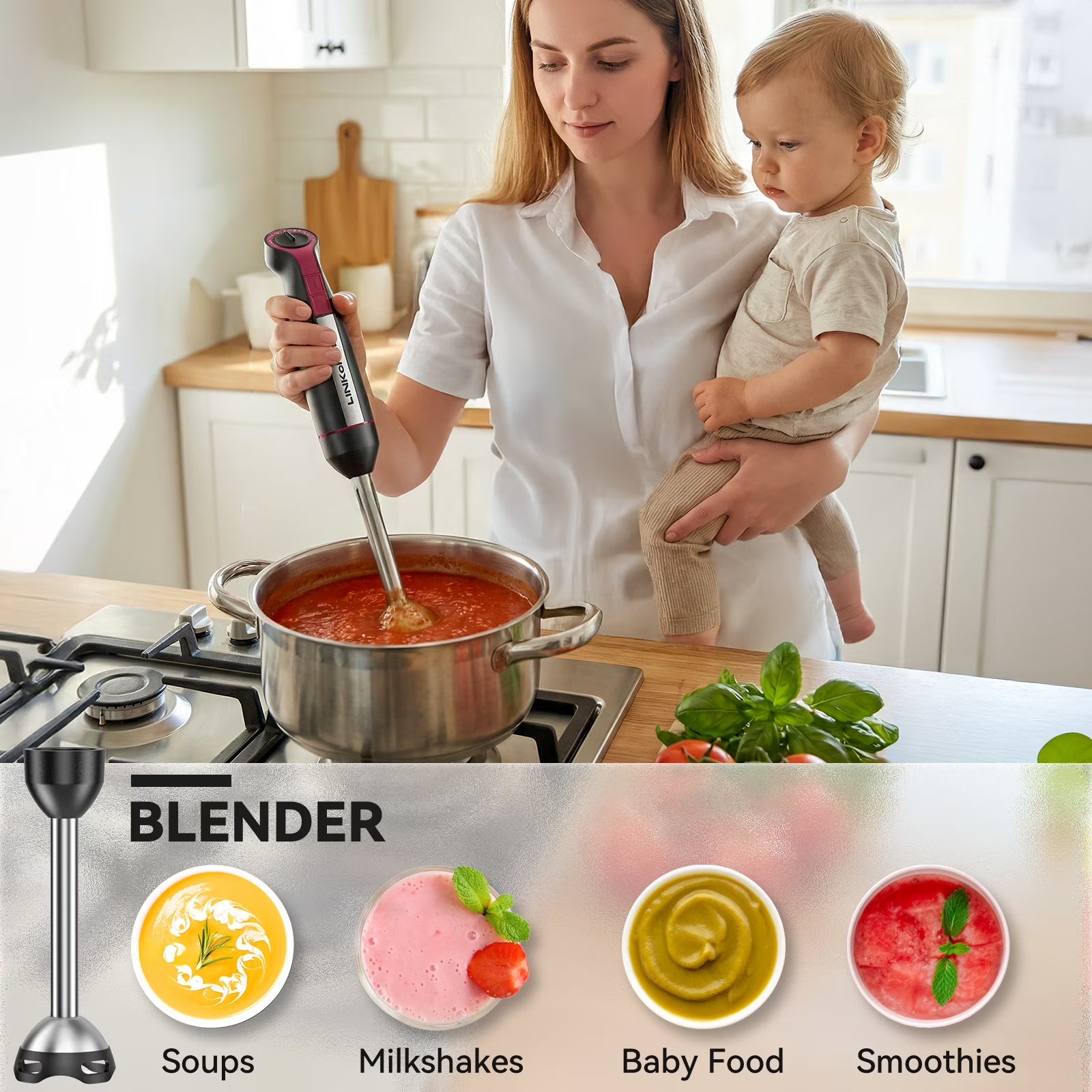 Immersion Blender, 1000W 20-Speed 5-In-1 Hand Blender with Turbo Mode, Scratch-Resistant Stick Blender for Baby Food, Ice & Smoothie(Black)