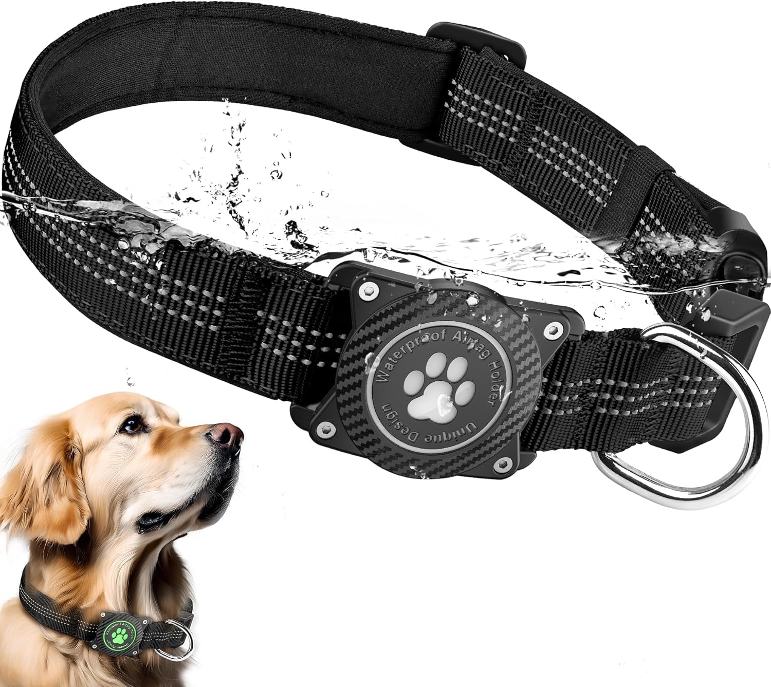Airtag Dog Collar, Waterproof Air Tag Holder Dog Collar, Luminous & Reflective, Comfortable Padded, Adjustable Pet Collar for Small Medium Large Heavy Duty Dogs,Black, L