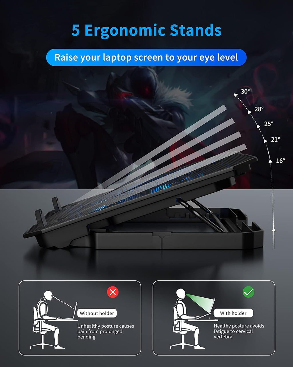 Laptop Cooling Pad for 12-15.6 Inch, 6 Cooler Fans with Blue Lights, Laptop Cooling Stand with 2 USB Ports (Blue)