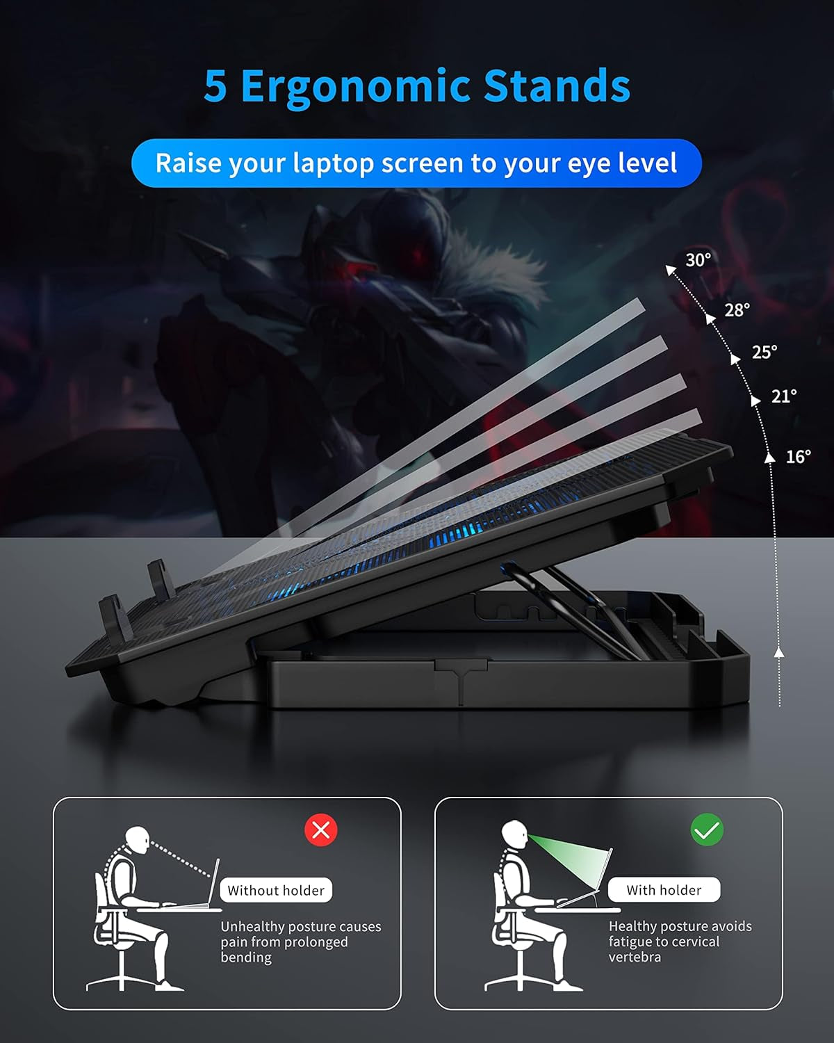Laptop Cooling Pad for 12-15.6 Inch, 6 Cooler Fans with Blue Lights, Laptop Cooling Stand with 2 USB Ports (Blue)