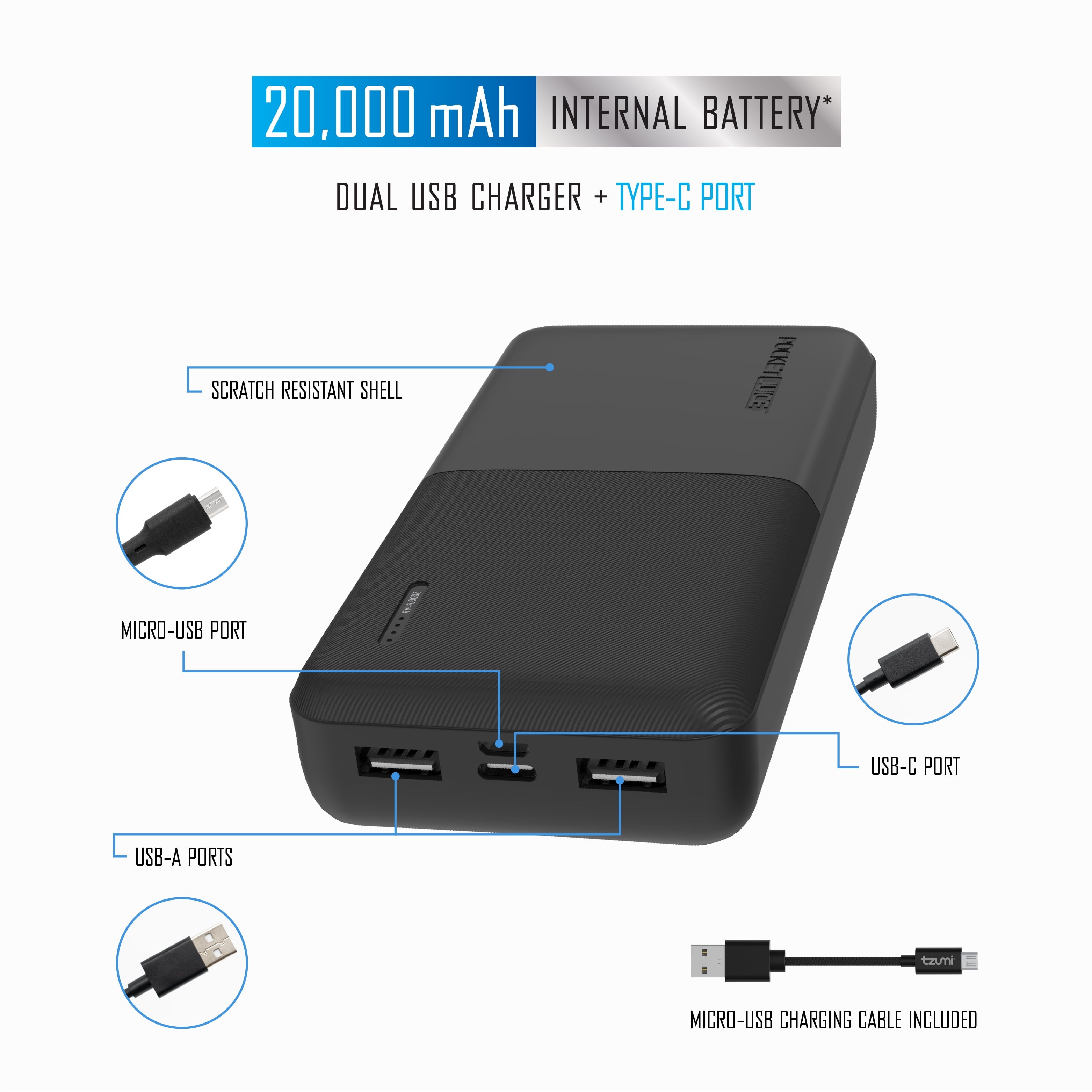 Slim Pro 20,000Mah, Portable Power Bank and Charger with Dual USB Ports, Black
