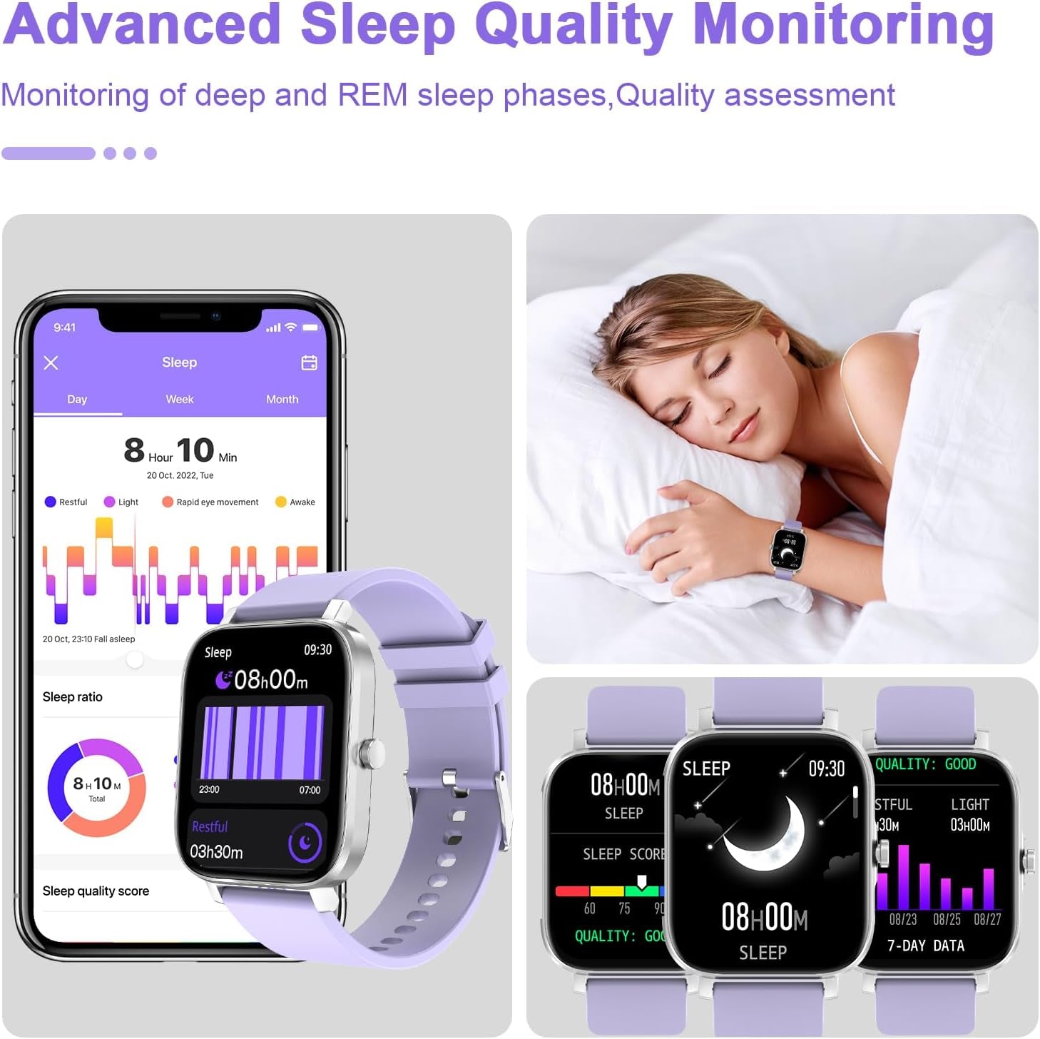 Smart Watch for Men Women Compatible with Iphone Samsung Android Phone 1.69 Inch Full Touch Screen IP68 Waterproof Bluetooh Fitness Tracker Heart Rate/Sleep Monitor (Purple)