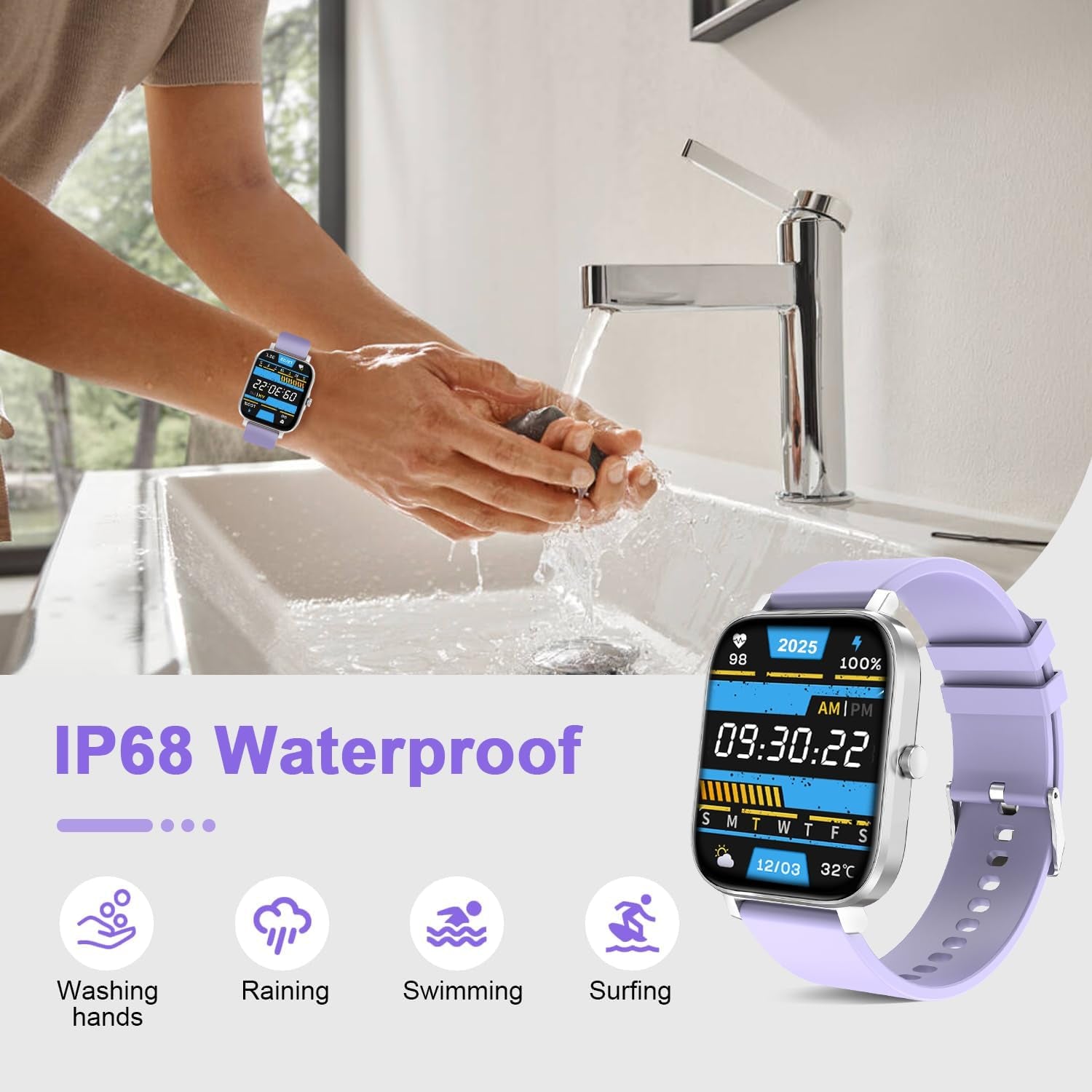 Smart Watch for Men Women Compatible with Iphone Samsung Android Phone 1.69 Inch Full Touch Screen IP68 Waterproof Bluetooh Fitness Tracker Heart Rate/Sleep Monitor (Purple)