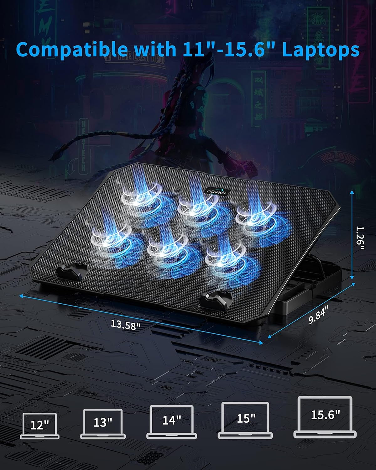 Laptop Cooling Pad for 12-15.6 Inch, 6 Cooler Fans with Blue Lights, Laptop Cooling Stand with 2 USB Ports (Blue)