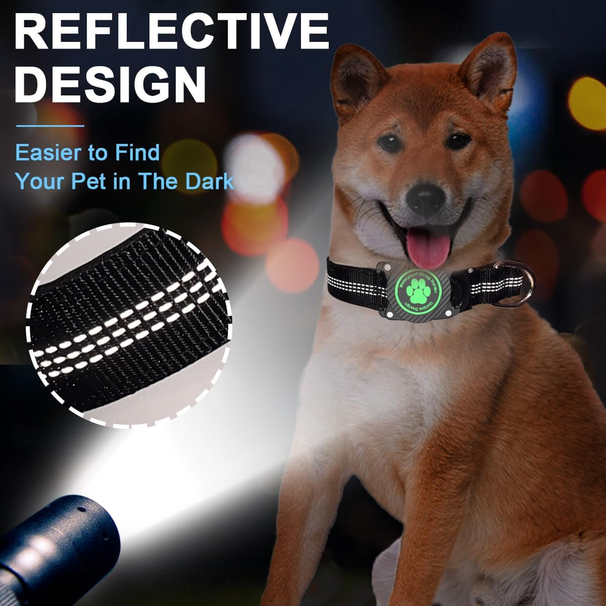 Airtag Dog Collar, Waterproof Air Tag Holder Dog Collar, Luminous & Reflective, Comfortable Padded, Adjustable Pet Collar for Small Medium Large Heavy Duty Dogs,Black, L