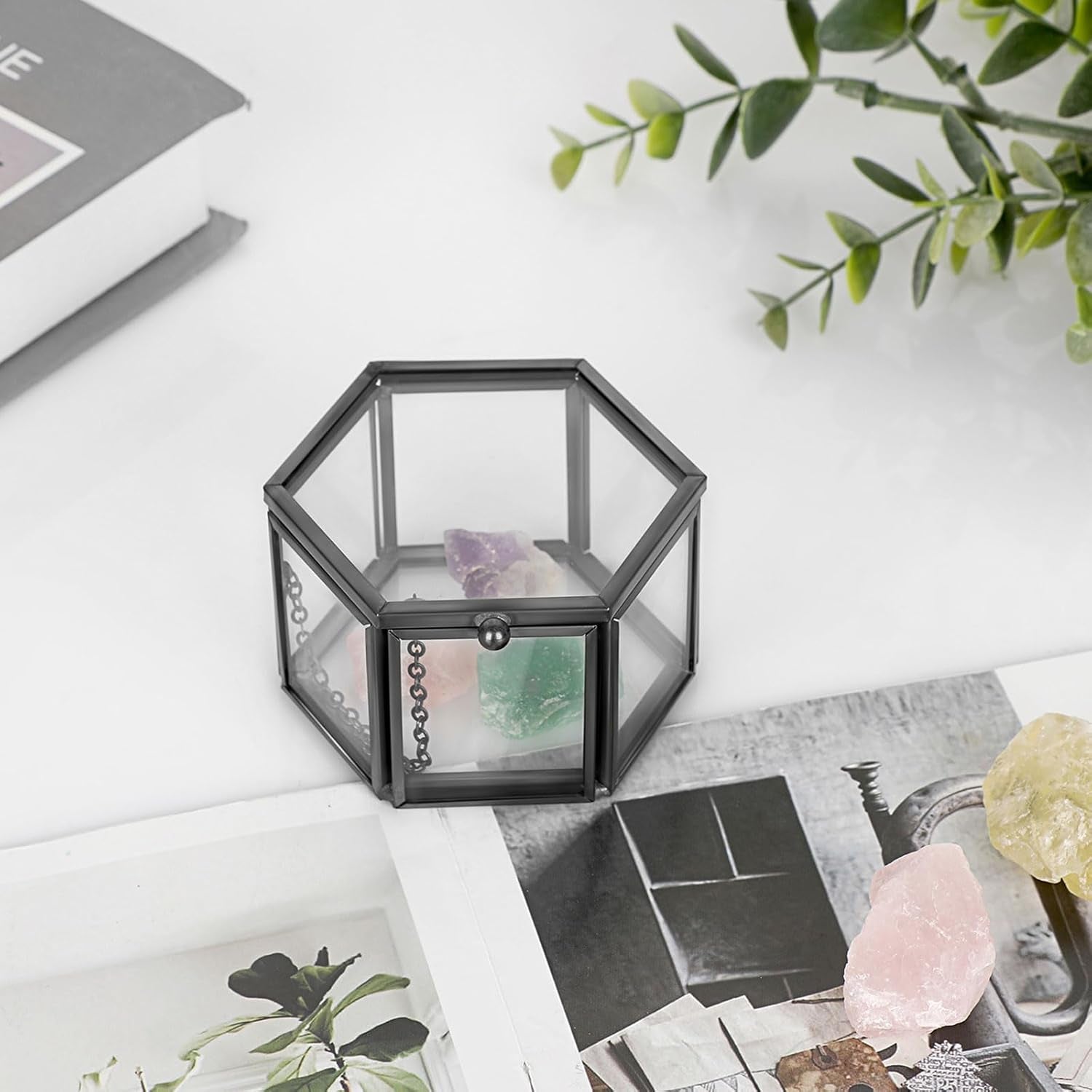 Vintage Glass Jewelry Box - Black Hexagonal Jewelry Display Organizer Keepsake Box Home Decorative Box Case for Trinket Ring Earring Chest, Small