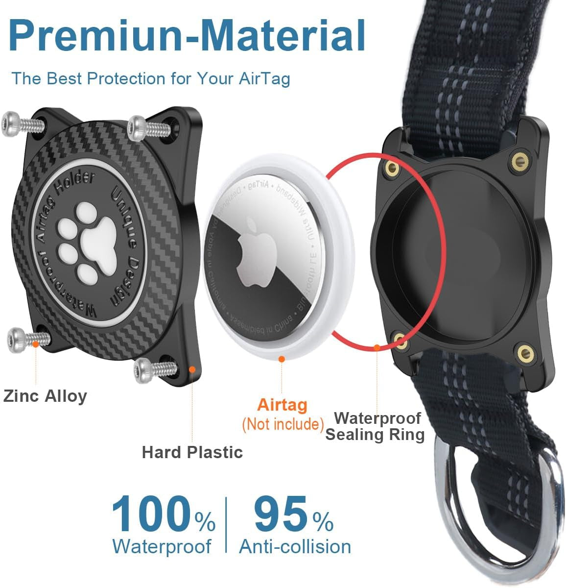 Airtag Dog Collar, Waterproof Air Tag Holder Dog Collar, Luminous & Reflective, Comfortable Padded, Adjustable Pet Collar for Small Medium Large Heavy Duty Dogs,Black, L