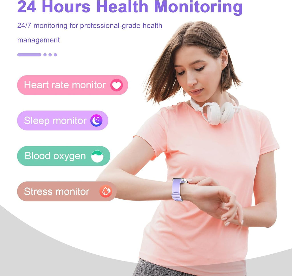 Smart Watch for Men Women Compatible with Iphone Samsung Android Phone 1.69 Inch Full Touch Screen IP68 Waterproof Bluetooh Fitness Tracker Heart Rate/Sleep Monitor (Purple)