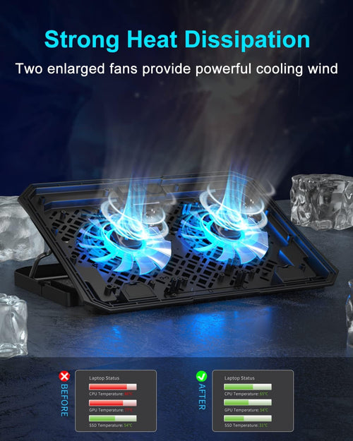 Laptop Cooling Pad, Gaming Laptop Cooler 2 Fans for 10-15.6 Inch Laptops, 5 Height Stands, 2 USB Ports (S039)