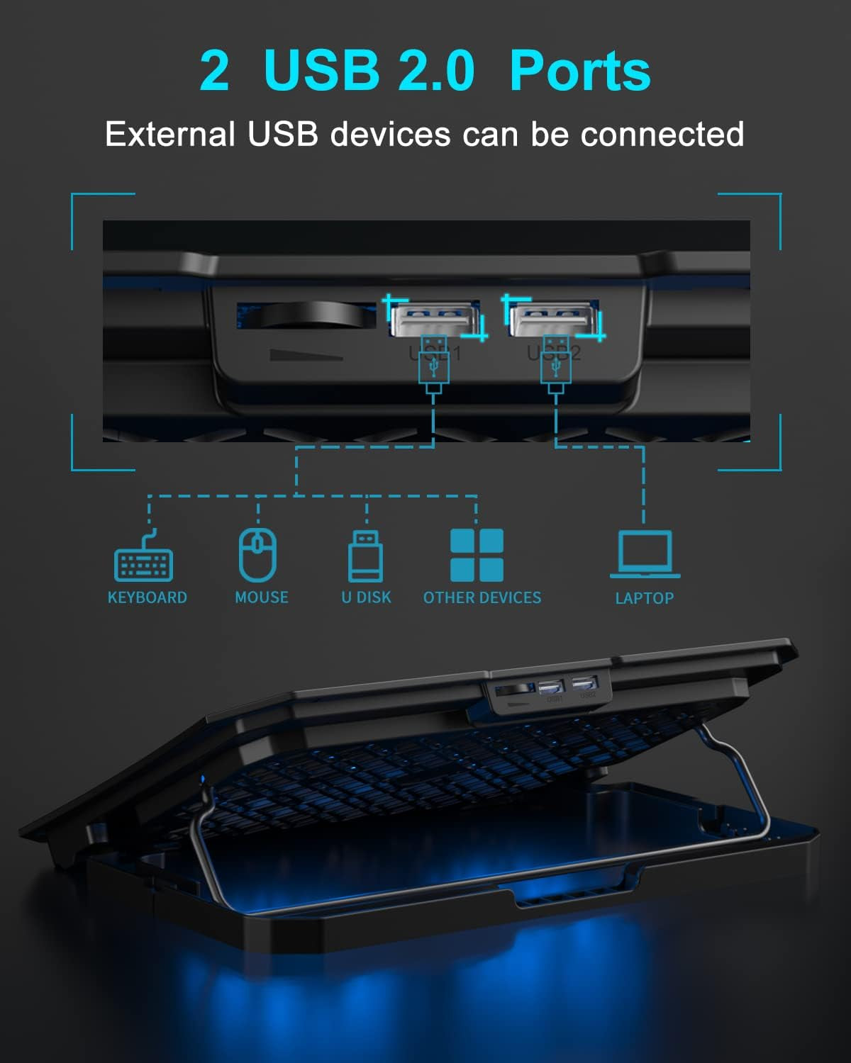 Laptop Cooling Pad, Gaming Laptop Cooler 2 Fans for 10-15.6 Inch Laptops, 5 Height Stands, 2 USB Ports (S039)