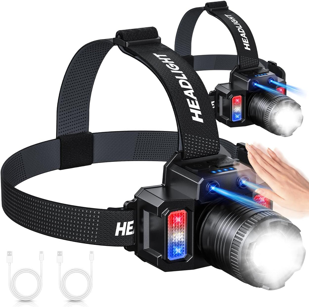 Headlamp Rechargeable 2 Pack, Motion Sensor Headlamp Super Bright LED Flashlight with 5 Lighting Modes, Zoomable Spotlight & Floodlight, Waterproof 360° Adjustable Head Lamp for Camping Hiking Running