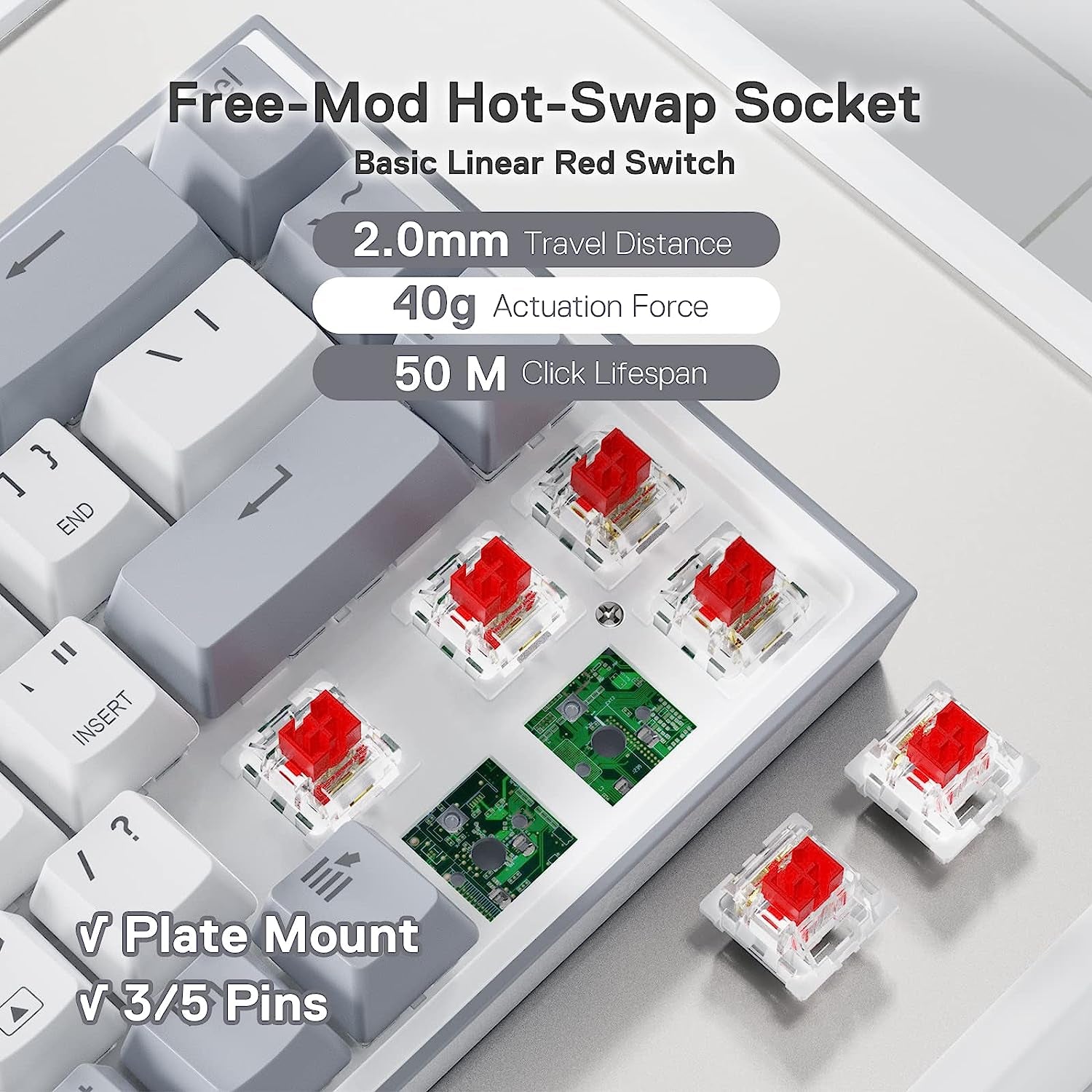 K631 Gery 65% Wired RGB Gaming Keyboard, 68 Keys Compact Mechanical Keyboard W/100% Hot-Swap Socket, Free-Mod Plate Mounted PCB & Dedicated Arrow Keys, Quiet Red Switch