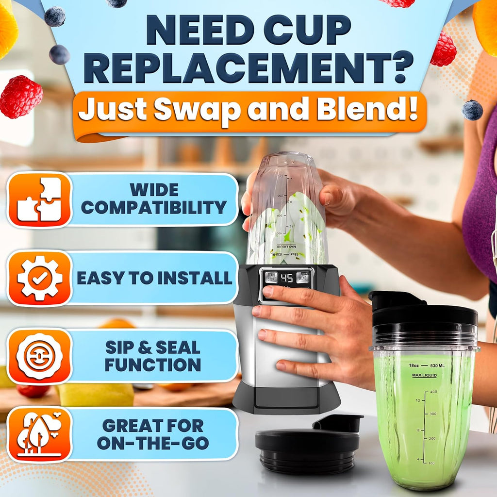 18 Oz Replacement Cups for Ninja Blender – 2 Pcs Compatible with BL480/BL450/480D, BN800/751/801/401, Auto-Iq Series NN, BL910 | SS101/151/401 – Blender Cups for Smoothies & Shakes | Twist-On Design