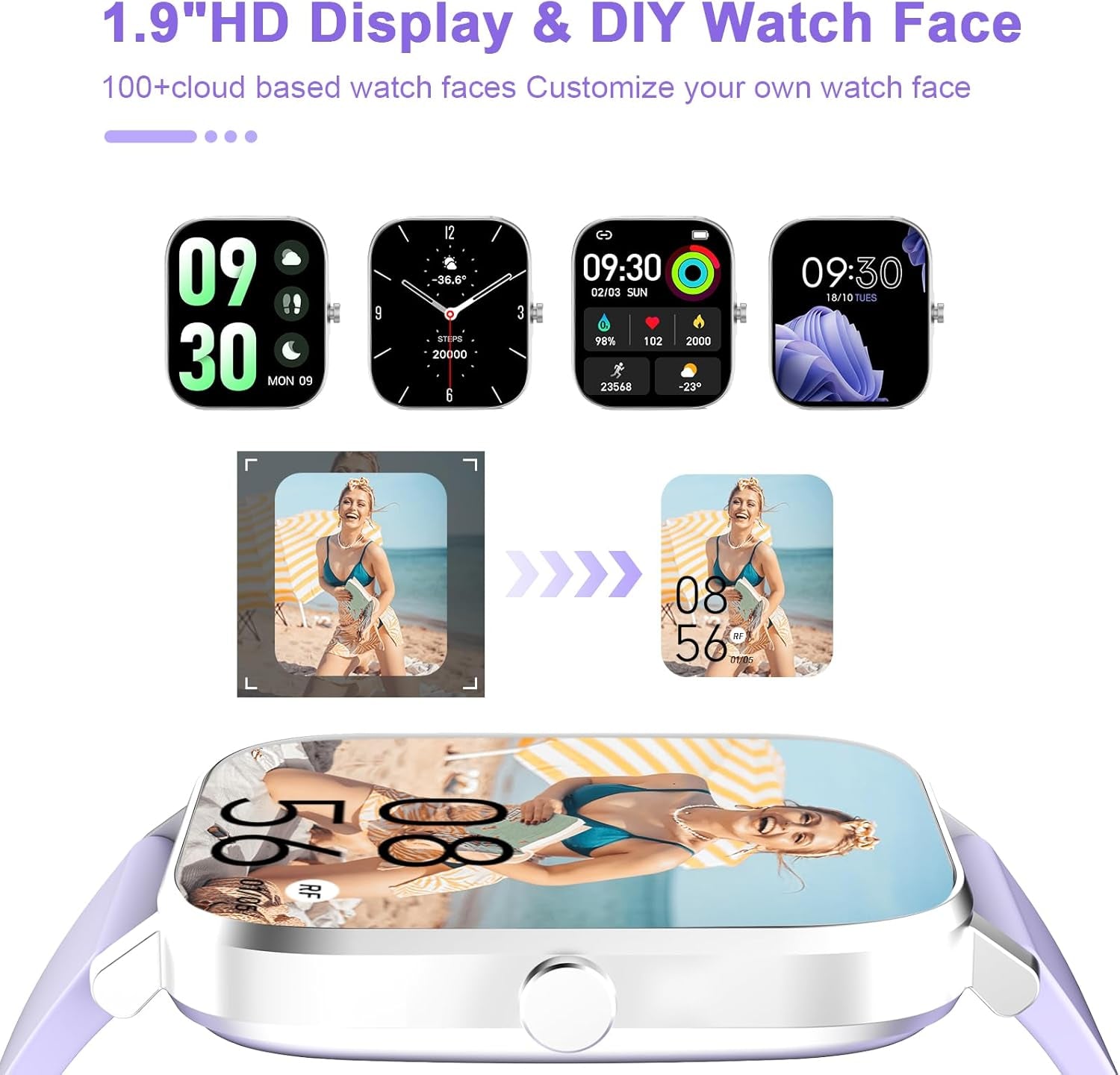 Smart Watch for Men Women Compatible with Iphone Samsung Android Phone 1.69 Inch Full Touch Screen IP68 Waterproof Bluetooh Fitness Tracker Heart Rate/Sleep Monitor (Purple)