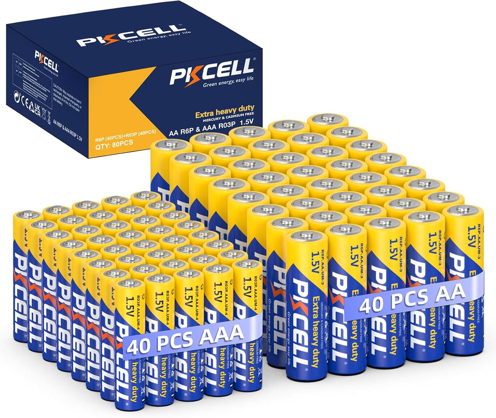 AA Batteries & AAA Batteries 80 Count, 40 Double a Batteries and 40 Triple a Batteries Combo Pack, 1.5V High-Performance Carbon Battery