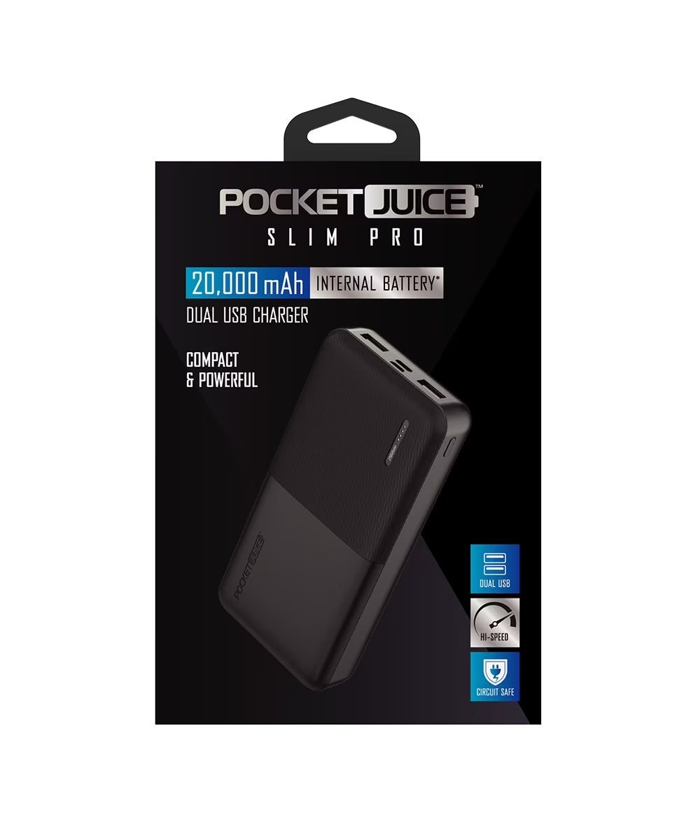 Slim Pro 20,000Mah, Portable Power Bank and Charger with Dual USB Ports, Black