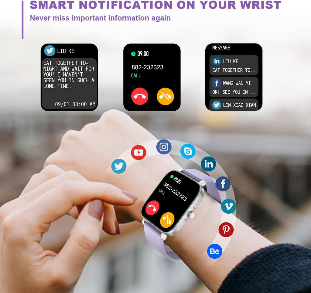 Smart Watch for Men Women Compatible with Iphone Samsung Android Phone 1.69 Inch Full Touch Screen IP68 Waterproof Bluetooh Fitness Tracker Heart Rate/Sleep Monitor (Purple)