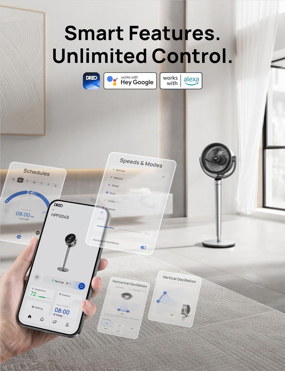 43'' Smart Wi-Fi/Alexa Control Pedestal Fan Bundle with 80Ft Whole Room Air Circulator and Remote Control