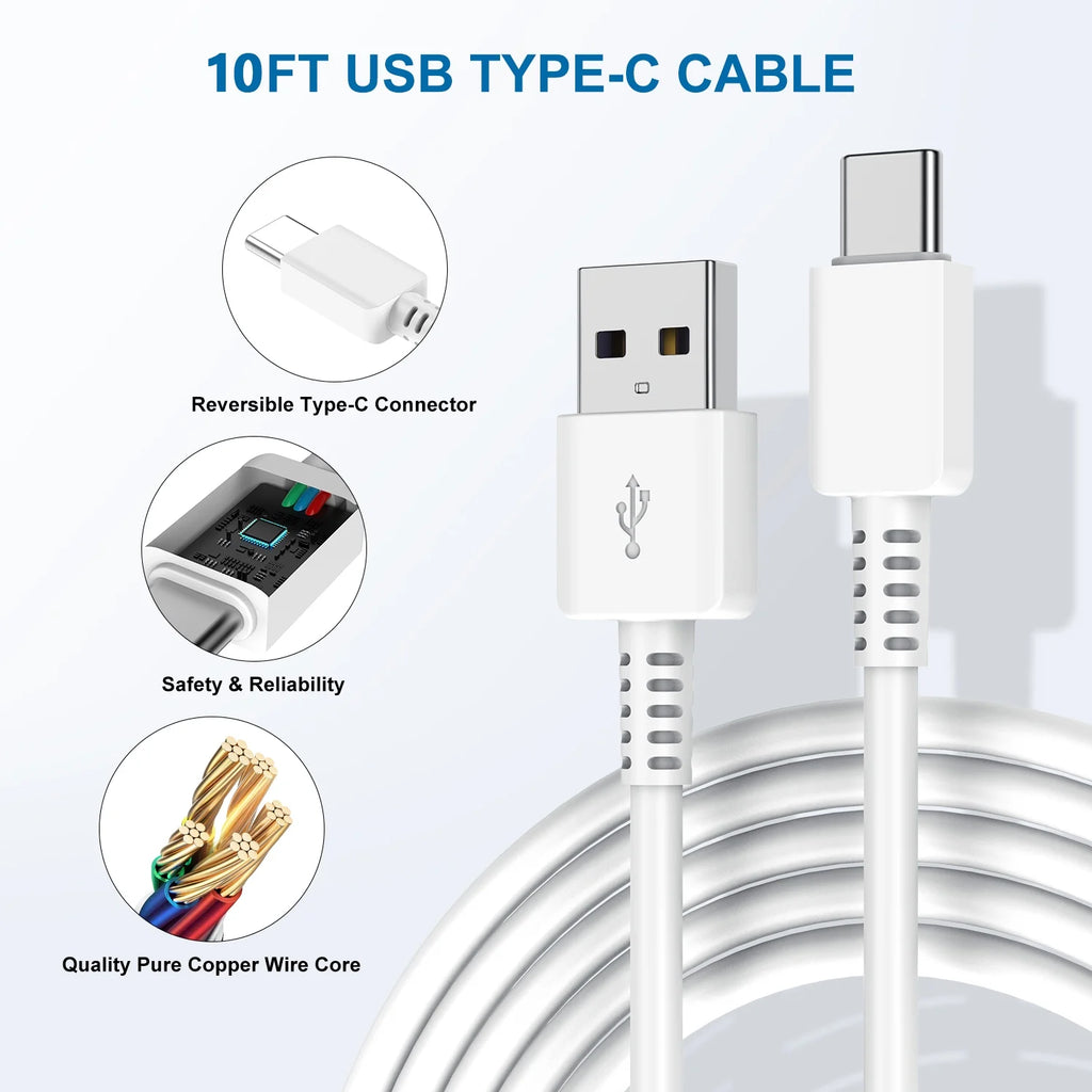 2-Pack Type C Fast Charger,Compatible with Samsung Charger Android Phone USB-C Charging Cable 10Ft Compatible for Galaxy S23/S22/S21/S20/S10E/S9/S8/Note20/Note10/Note9/Z Fold 3/4/5,White